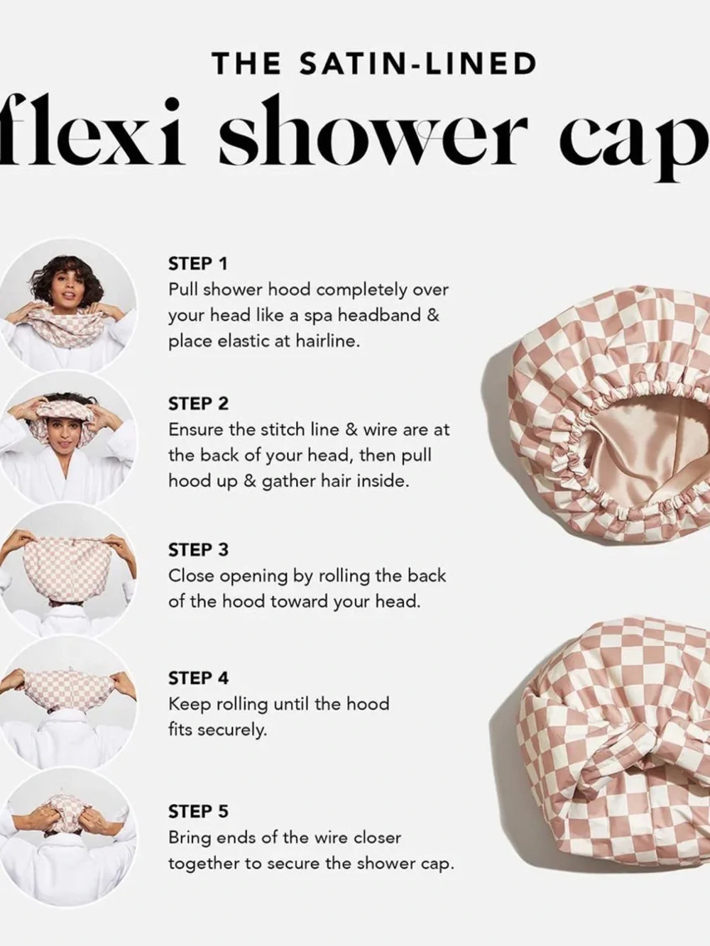Kitsch Satin-Lined Flexi Shower Cap in Pink and White Check